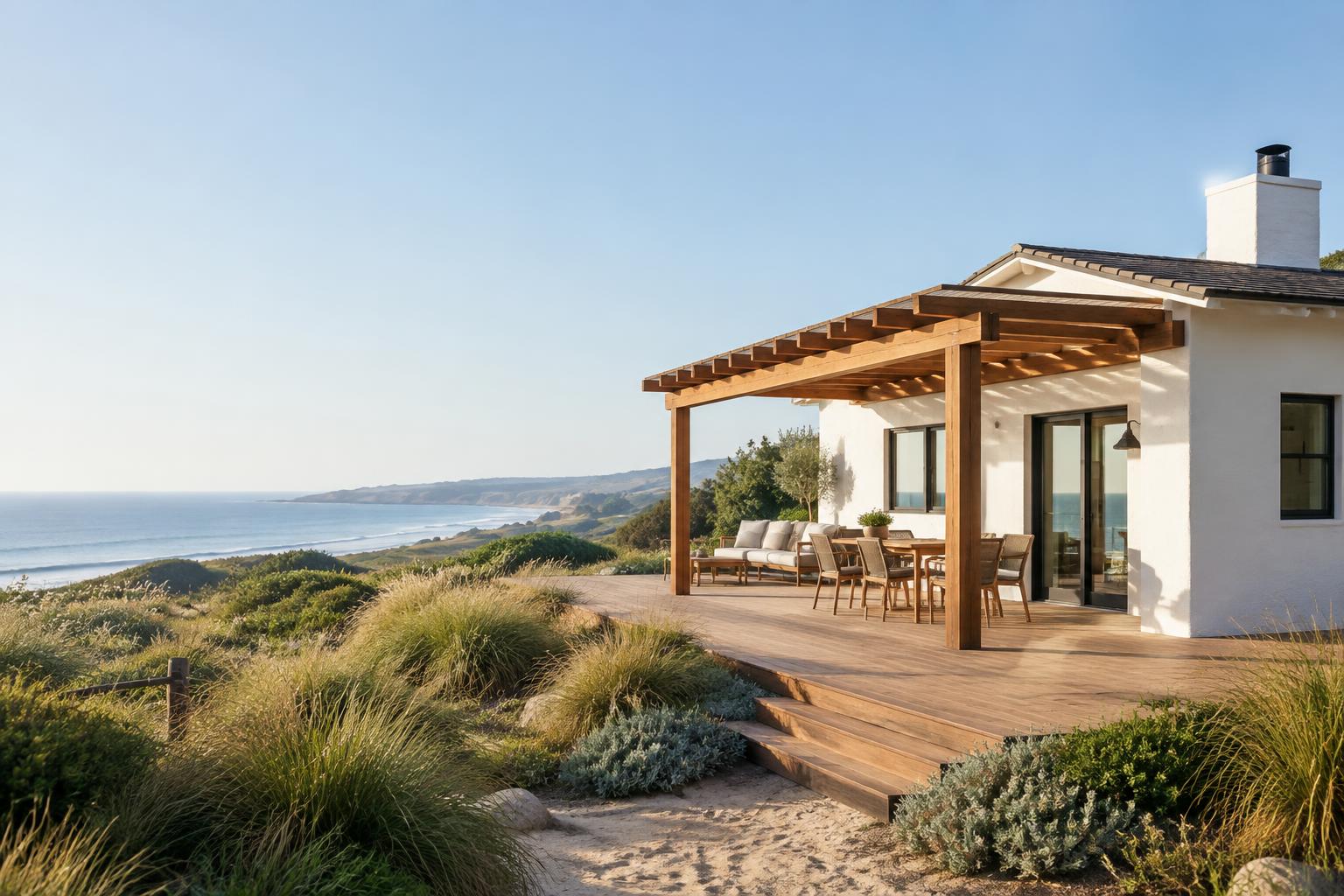 Coastal home exterior with a timber deck and pergola overlooking the ocean
